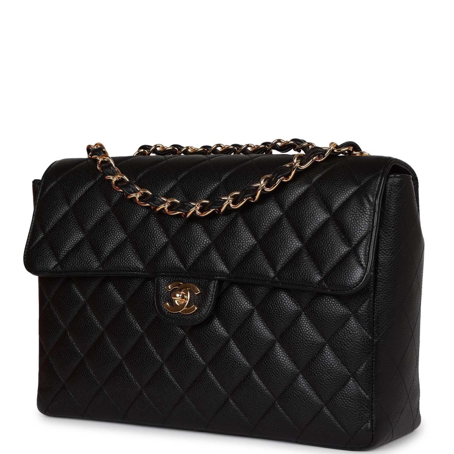 Chanel Vintage Jumbo Classic Single Flap Bag Black Caviar Gold Hardware