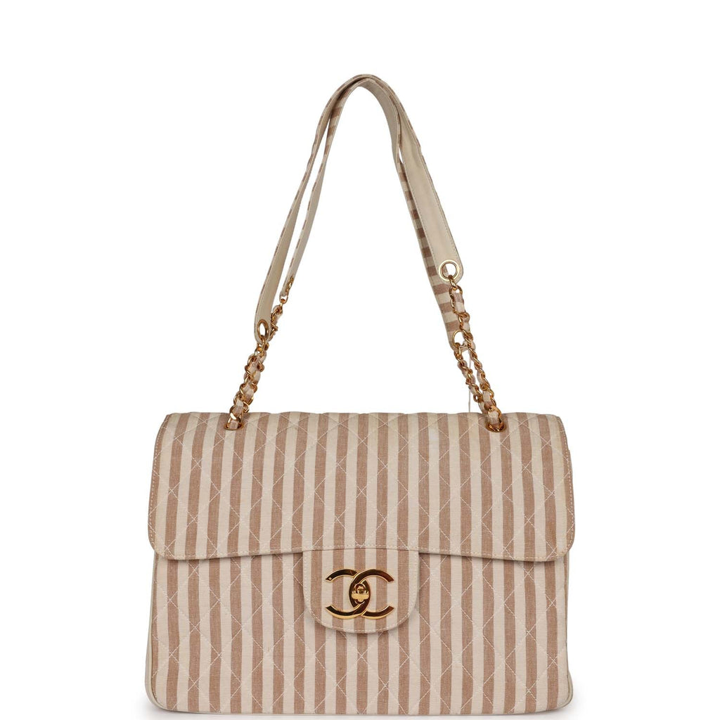 Chanel Vintage XXL Travel Flap Bag Striped Linen Gold Hardware