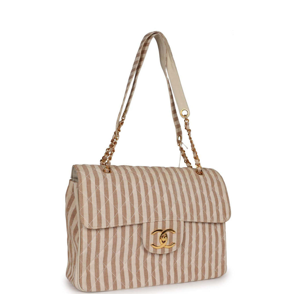 Chanel Vintage XXL Travel Flap Bag Striped Linen Gold Hardware