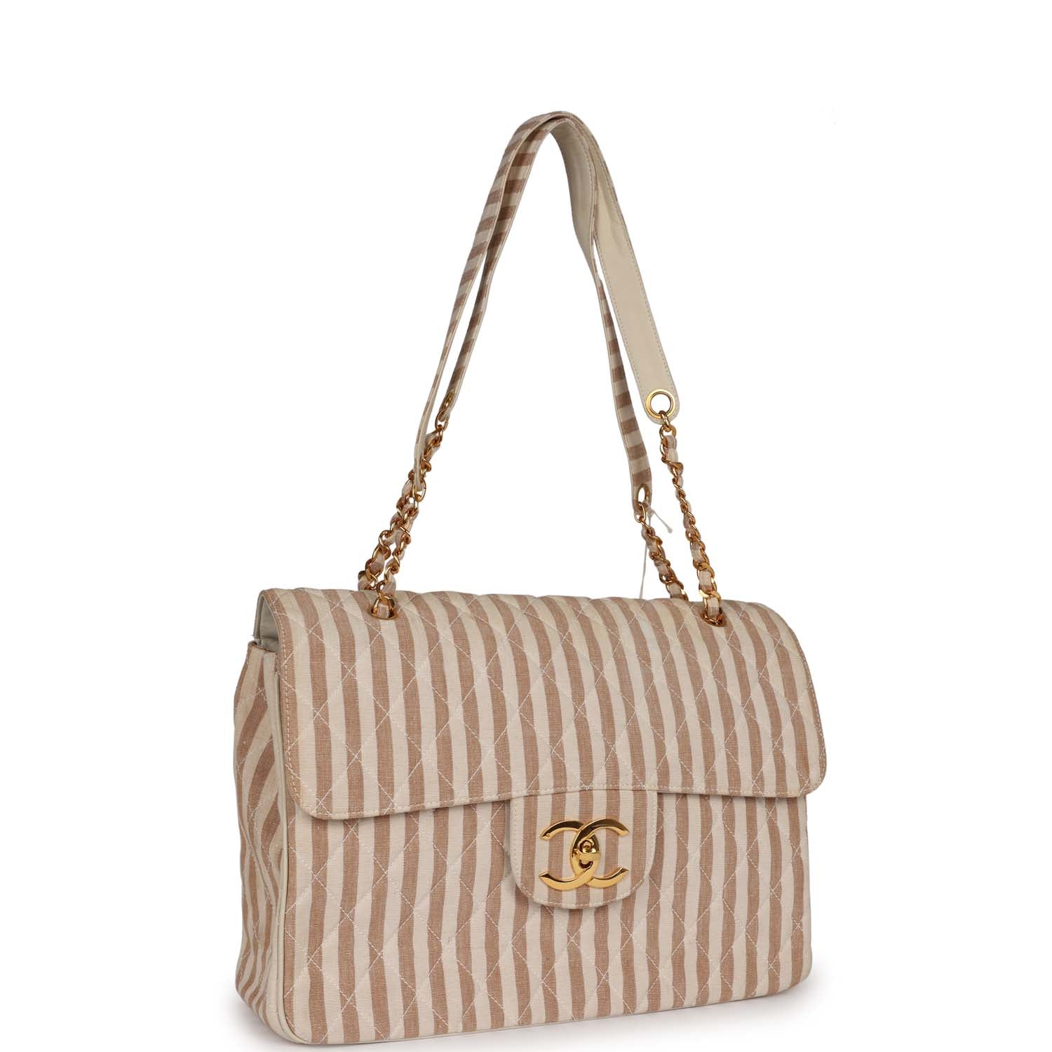 Chanel Vintage XXL Travel Flap Bag Striped Linen Gold Hardware