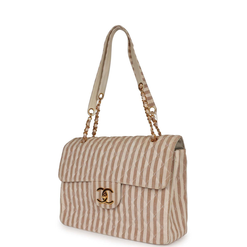 Chanel Vintage XXL Travel Flap Bag Striped Linen Gold Hardware