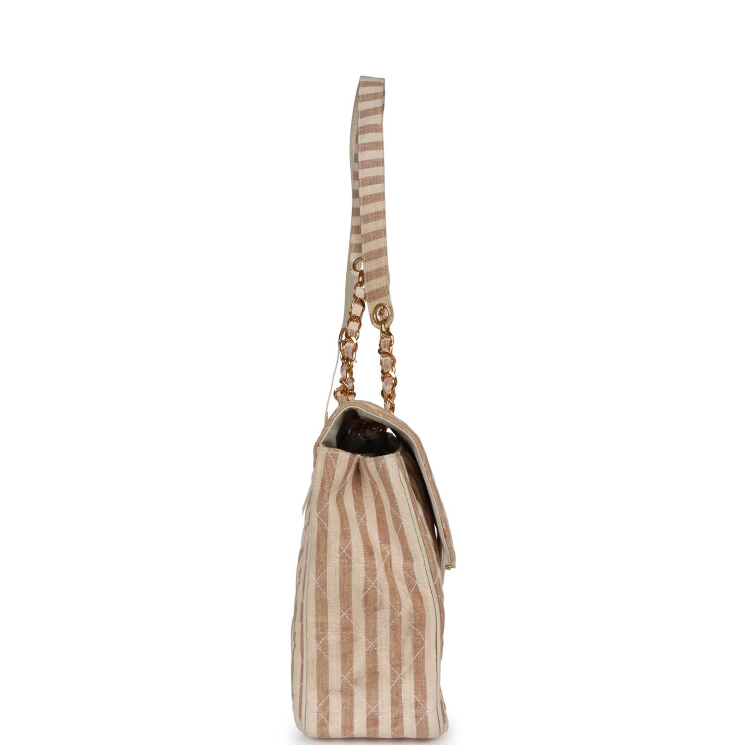 Chanel Vintage XXL Travel Flap Bag Striped Linen Gold Hardware