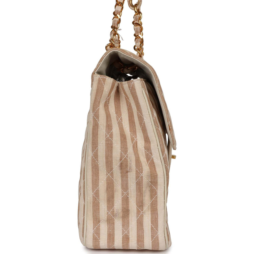 Chanel Vintage XXL Travel Flap Bag Striped Linen Gold Hardware