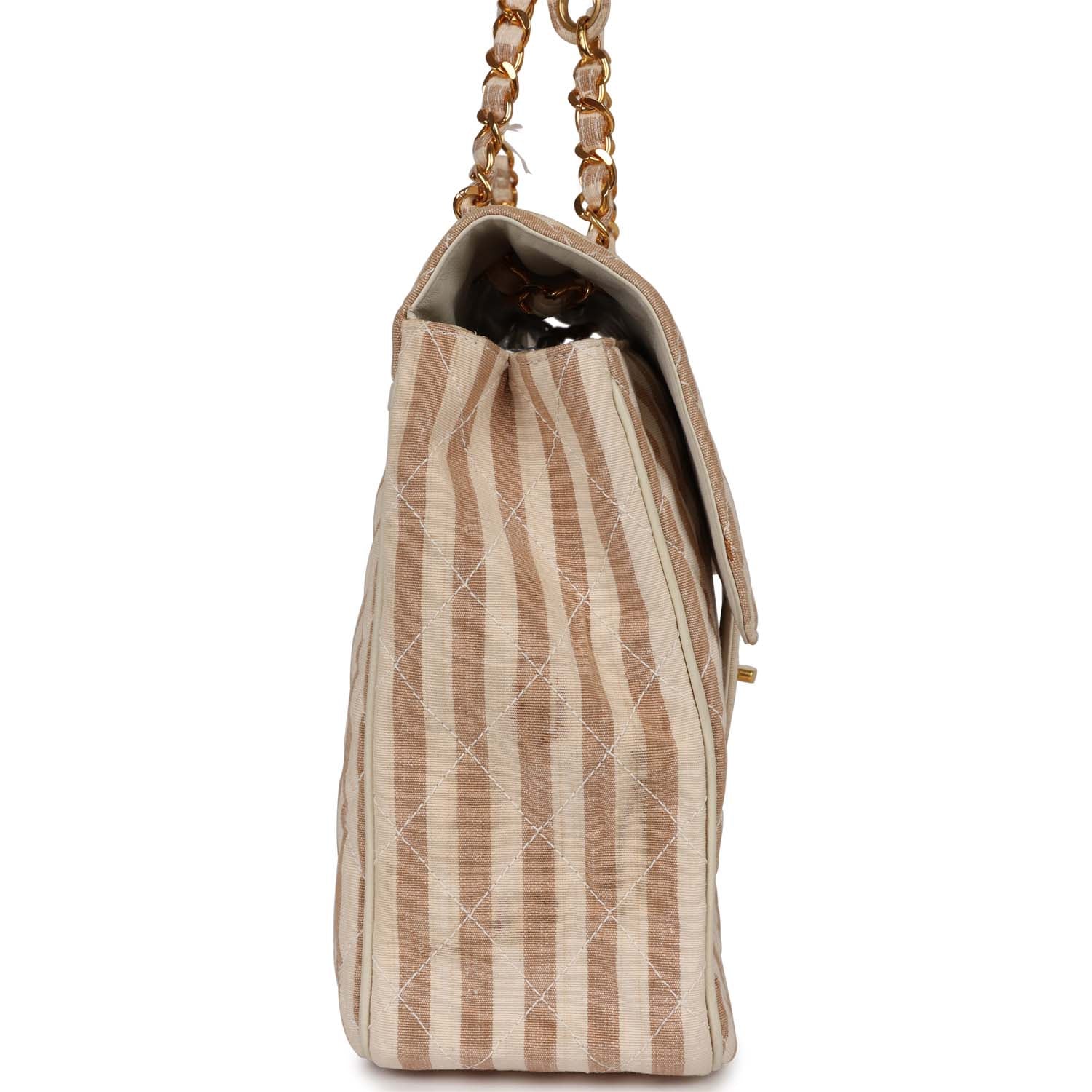 Chanel Vintage XXL Travel Flap Bag Striped Linen Gold Hardware