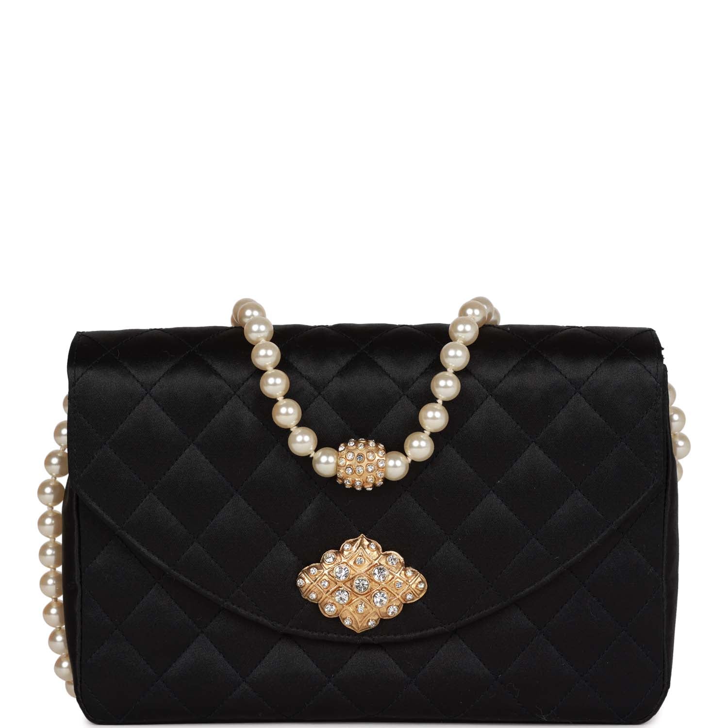 Chanel Vintage Gripoix Pearl Chain Bag Black Satin Gold Hardware
