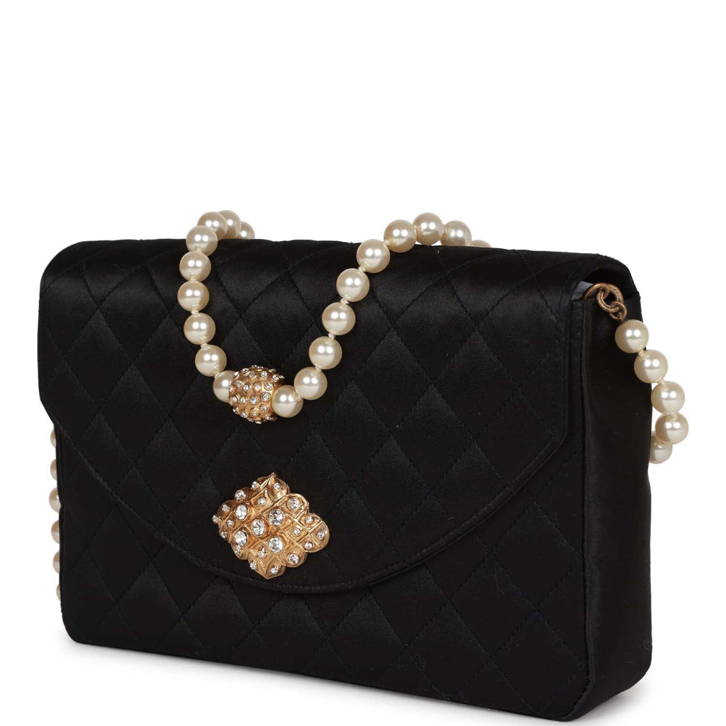 Chanel Vintage Gripoix Pearl Chain Bag Black Satin Gold Hardware