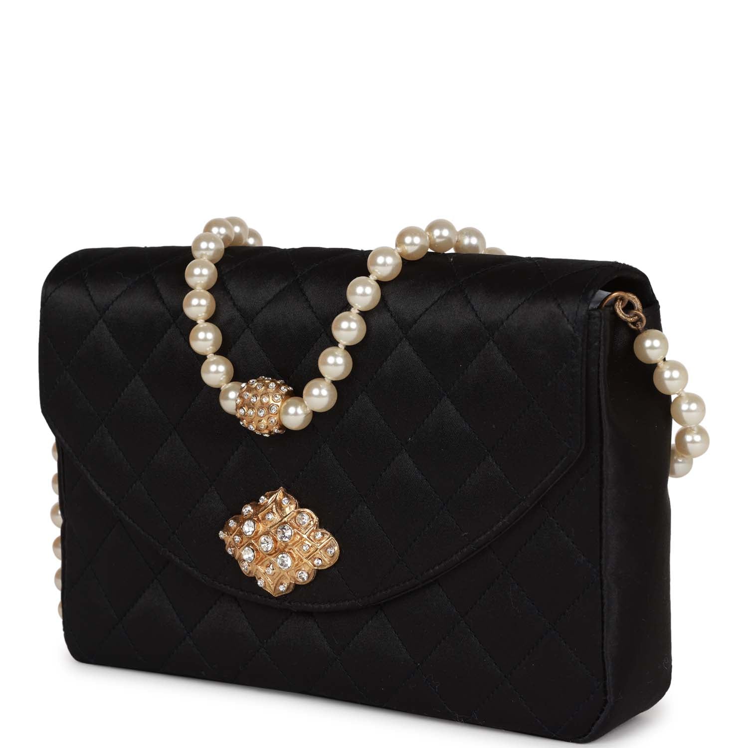 Chanel Vintage Gripoix Pearl Chain Bag Black Satin Gold Hardware