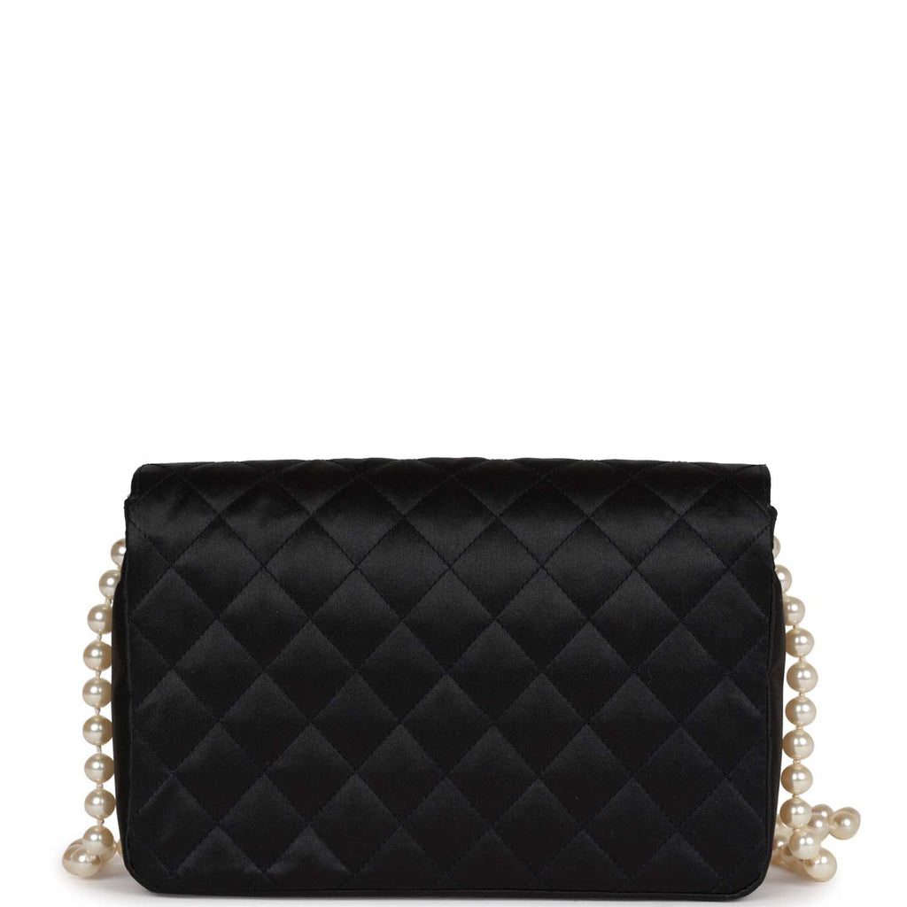 Chanel Vintage Gripoix Pearl Chain Bag Black Satin Gold Hardware