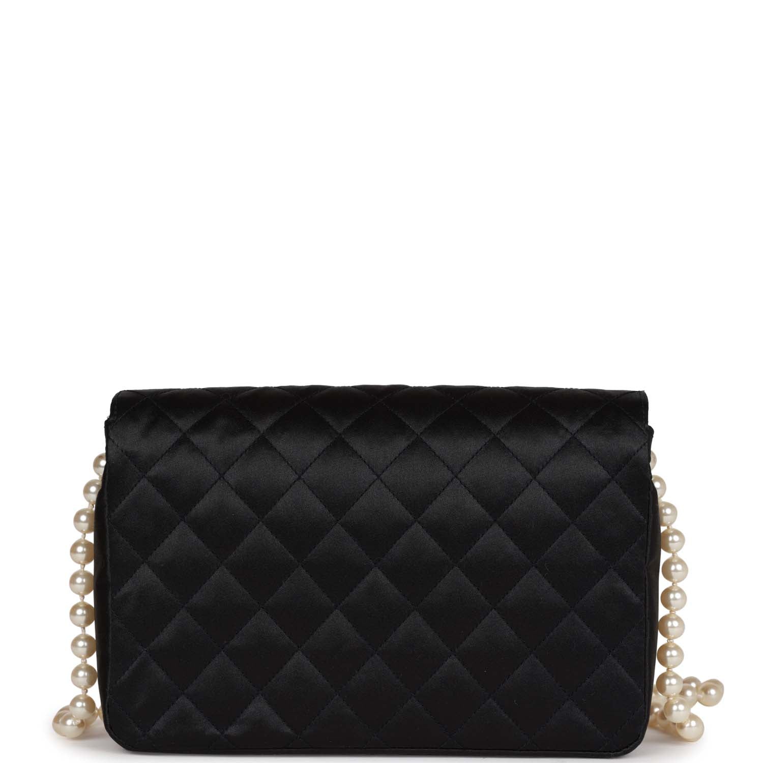 Chanel Vintage Gripoix Pearl Chain Bag Black Satin Gold Hardware