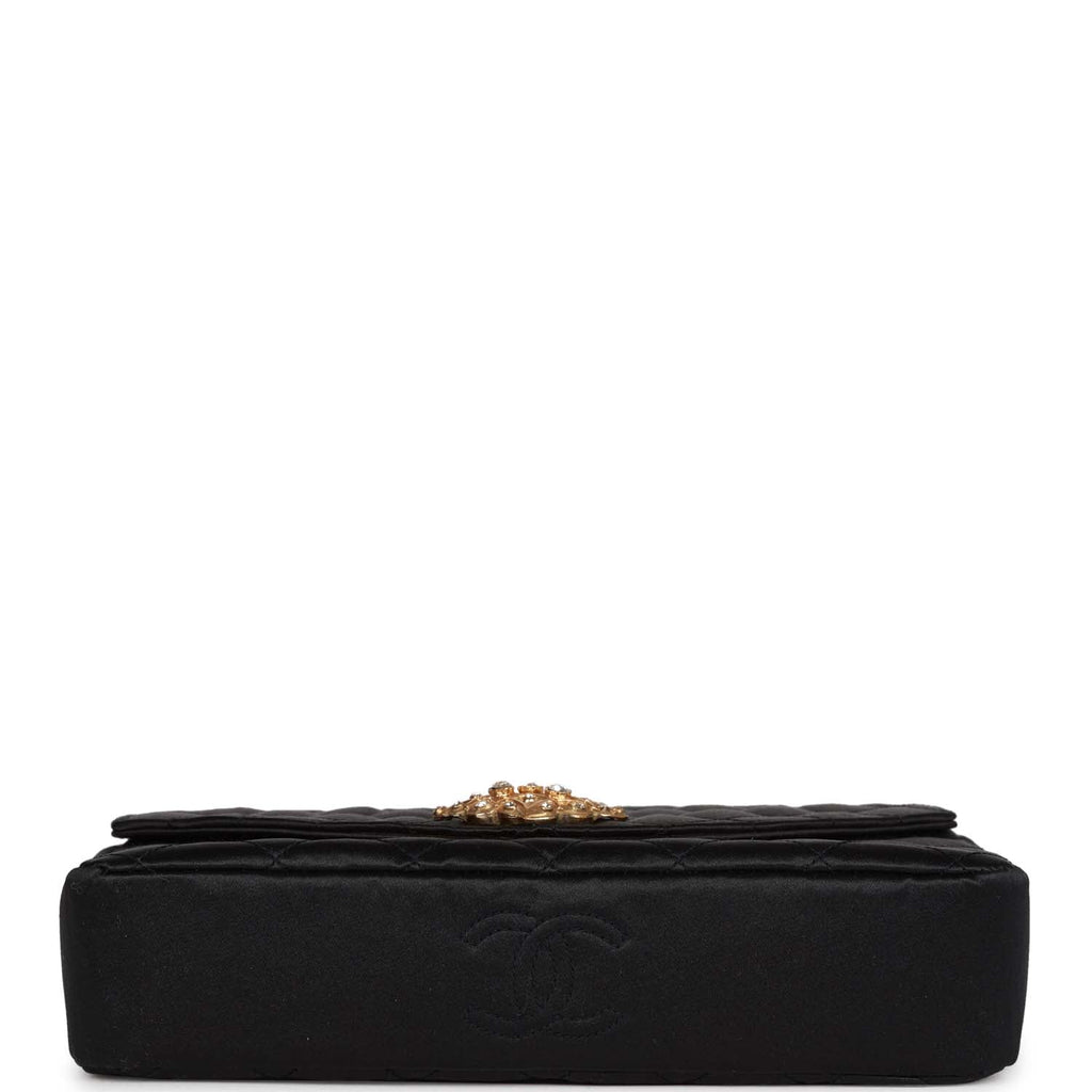 Chanel Vintage Gripoix Pearl Chain Bag Black Satin Gold Hardware