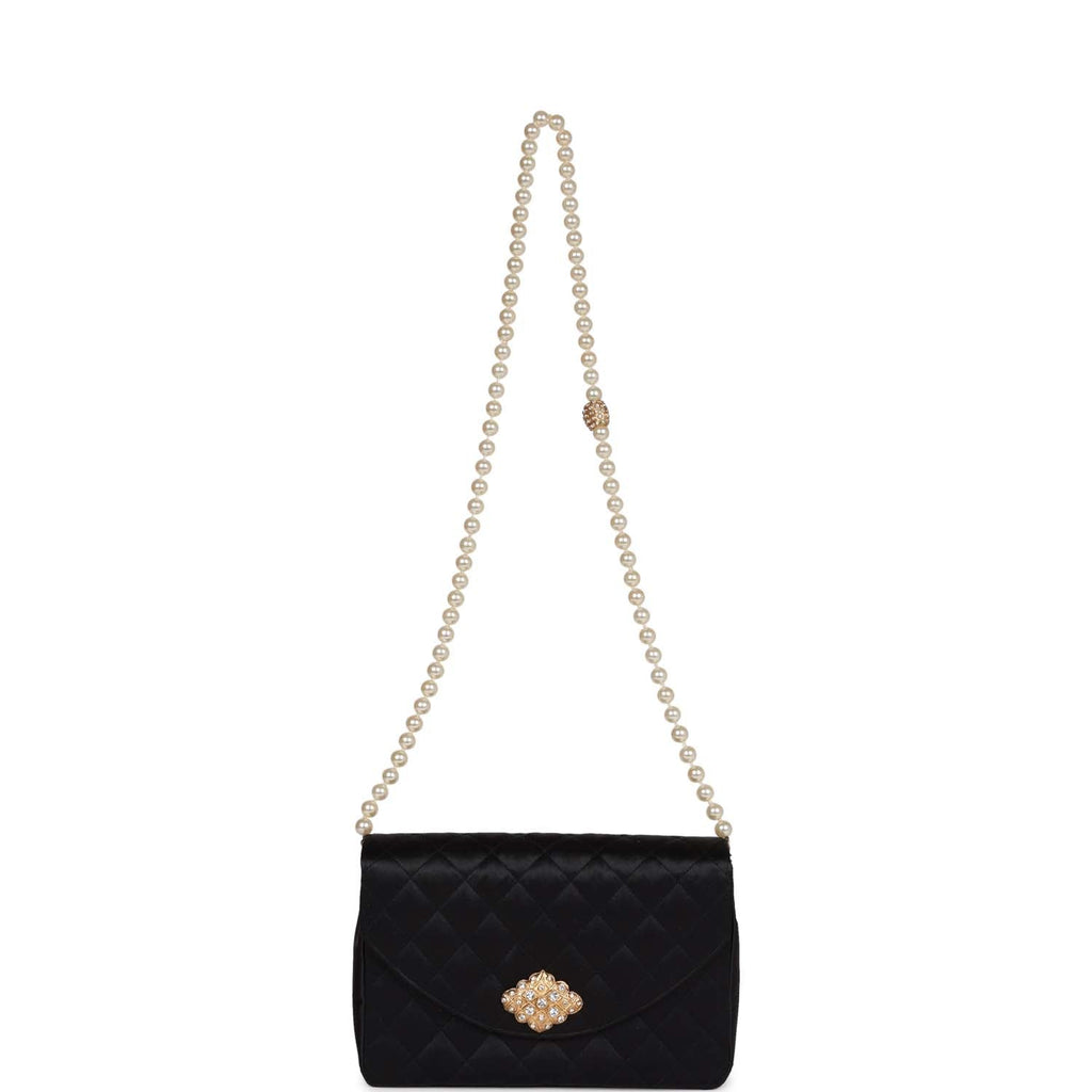 Chanel Vintage Gripoix Pearl Chain Bag Black Satin Gold Hardware