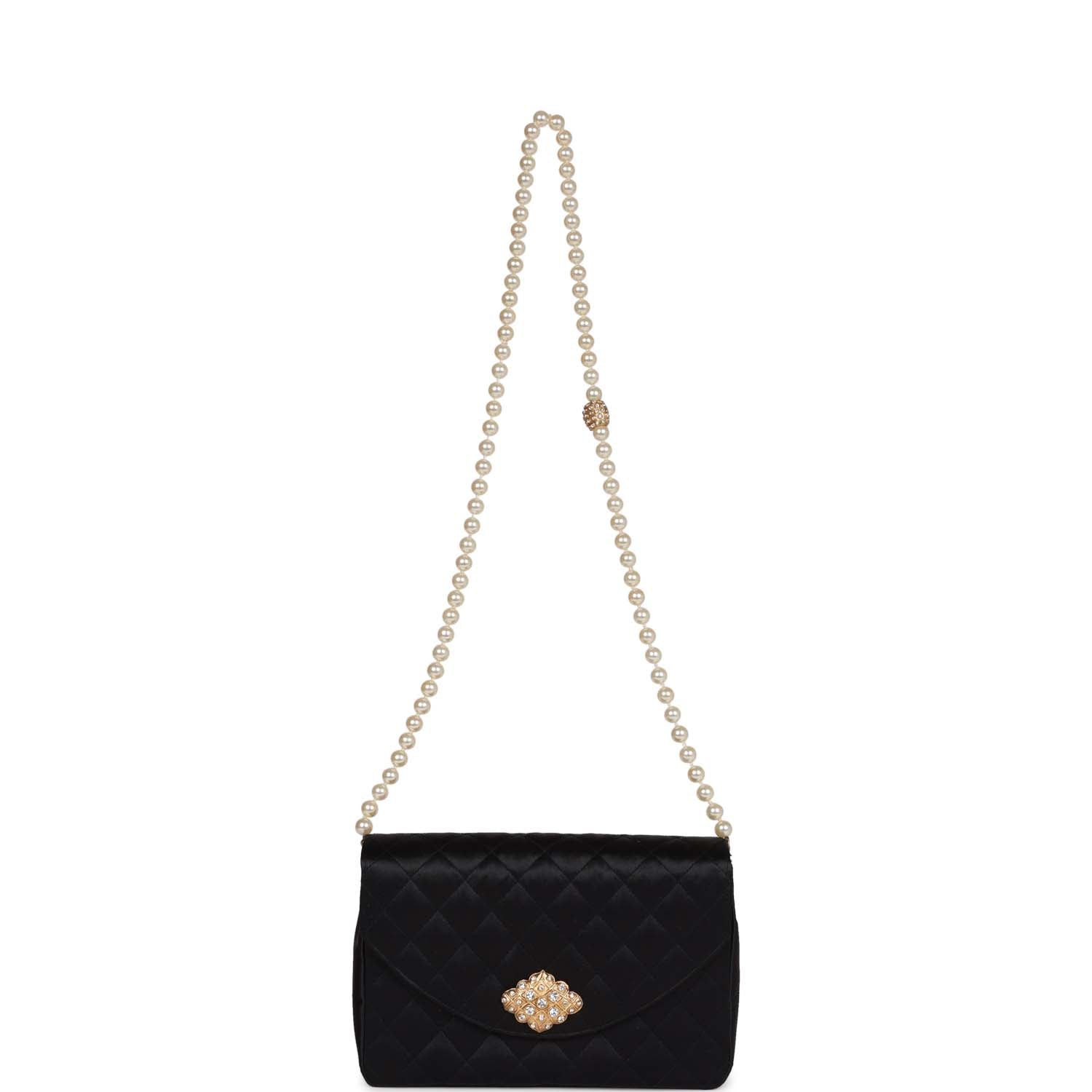 Chanel Vintage Gripoix Pearl Chain Bag Black Satin Gold Hardware
