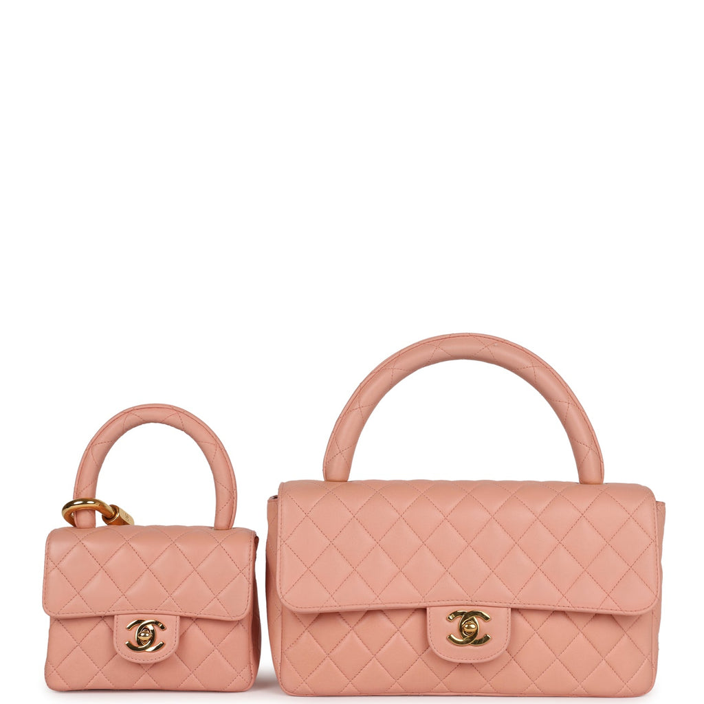 Chanel Vintage Kelly Parent and Child Flap Bag Set Pink Lambskin Gold Hardware