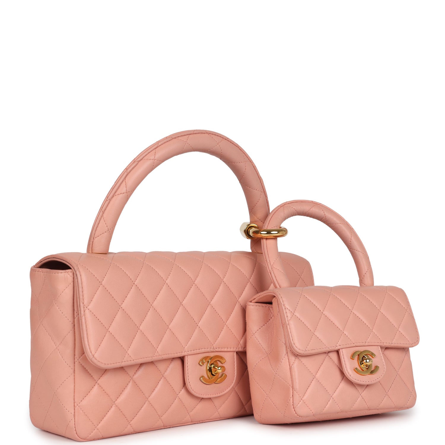 Chanel Vintage Kelly Parent and Child Flap Bag Set Pink Lambskin Gold Hardware