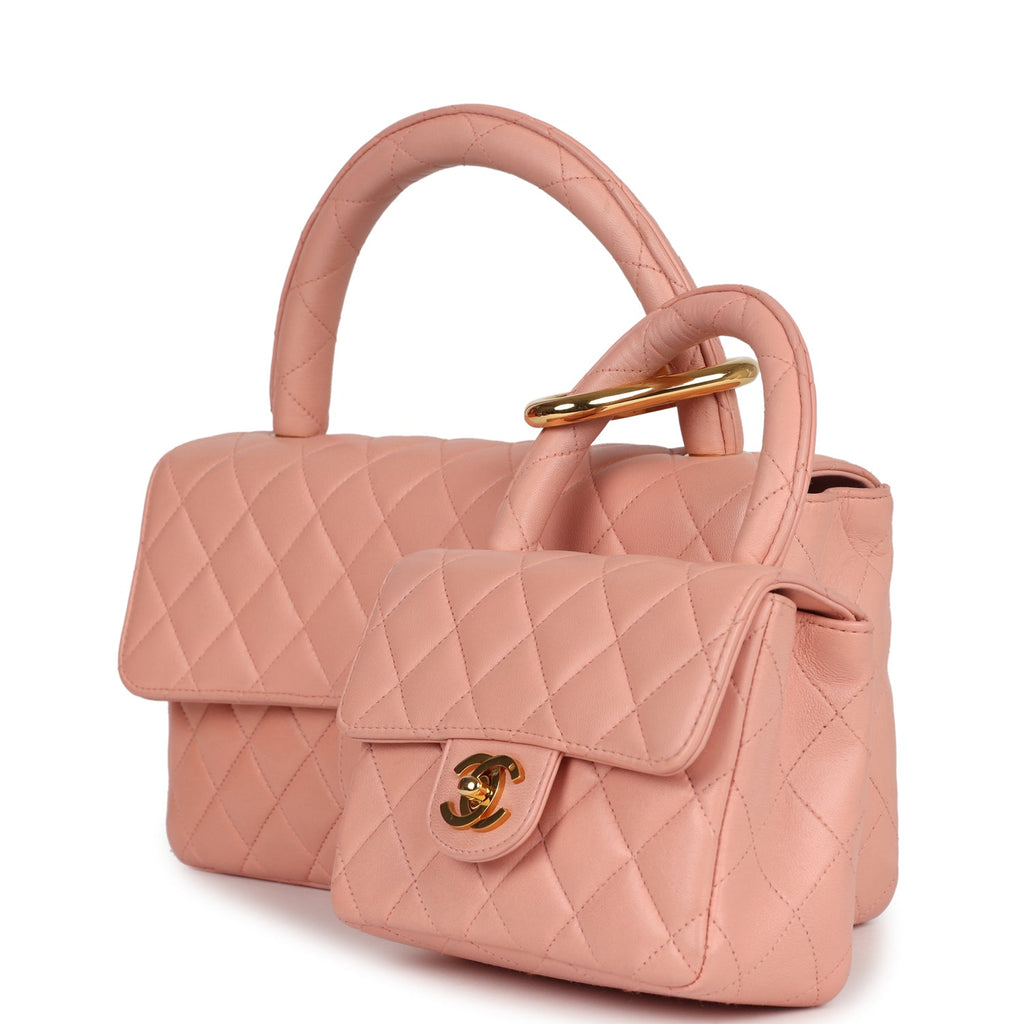 Chanel Vintage Kelly Parent and Child Flap Bag Set Pink Lambskin Gold Hardware
