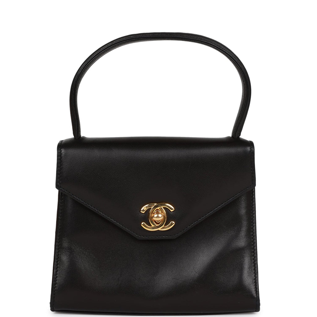 Chanel Vintage Flap Bag with Top Handle Black Lambskin Gold Hardware