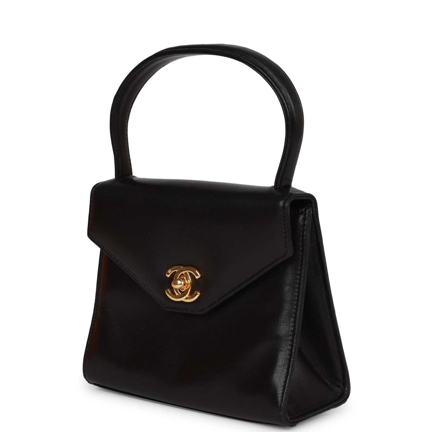 Chanel Vintage Flap Bag with Top Handle Black Lambskin Gold Hardware