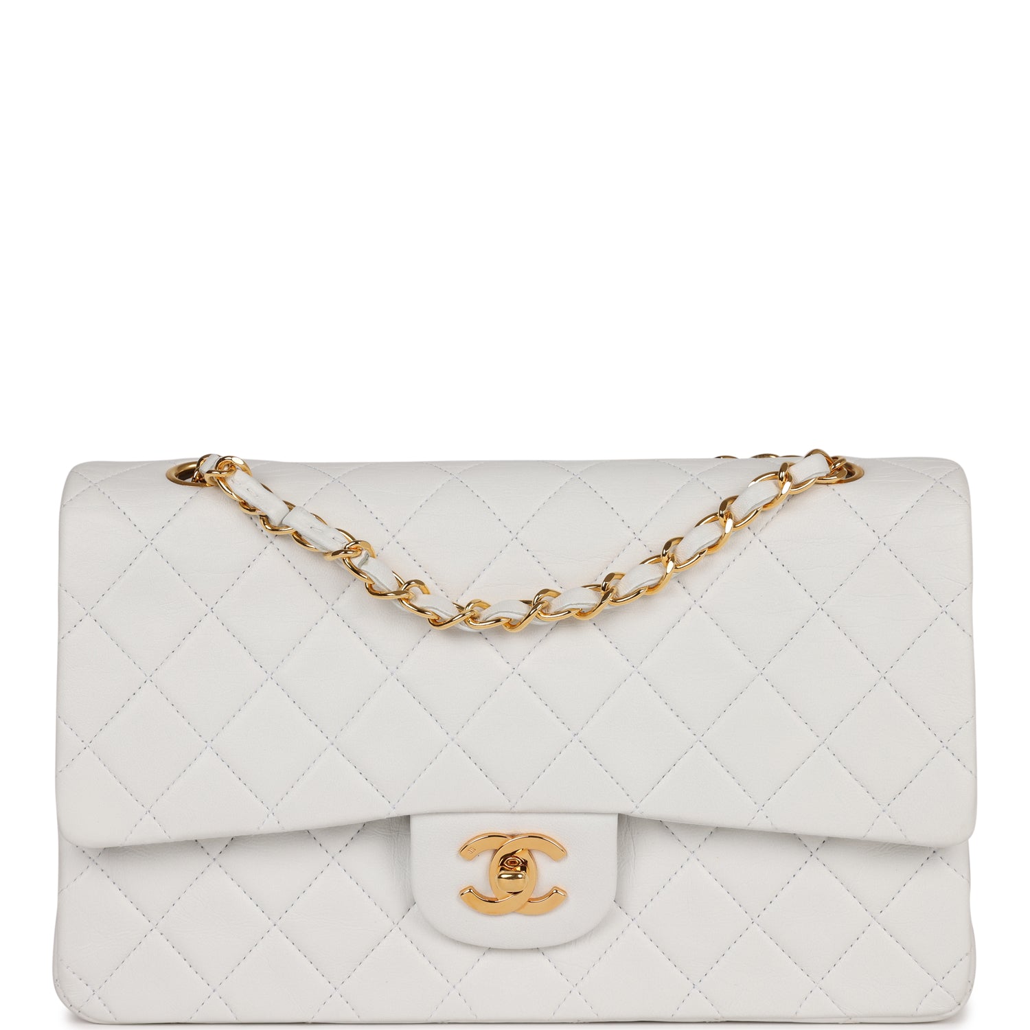 Chanel Vintage Medium Classic Double Flap Bag White Lambskin Gold Hardware