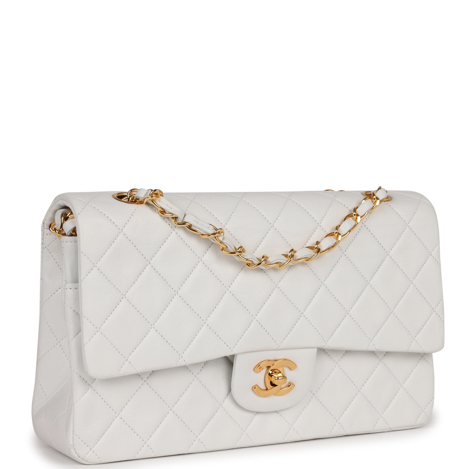 Chanel Vintage Medium Classic Double Flap Bag White Lambskin Gold Hardware