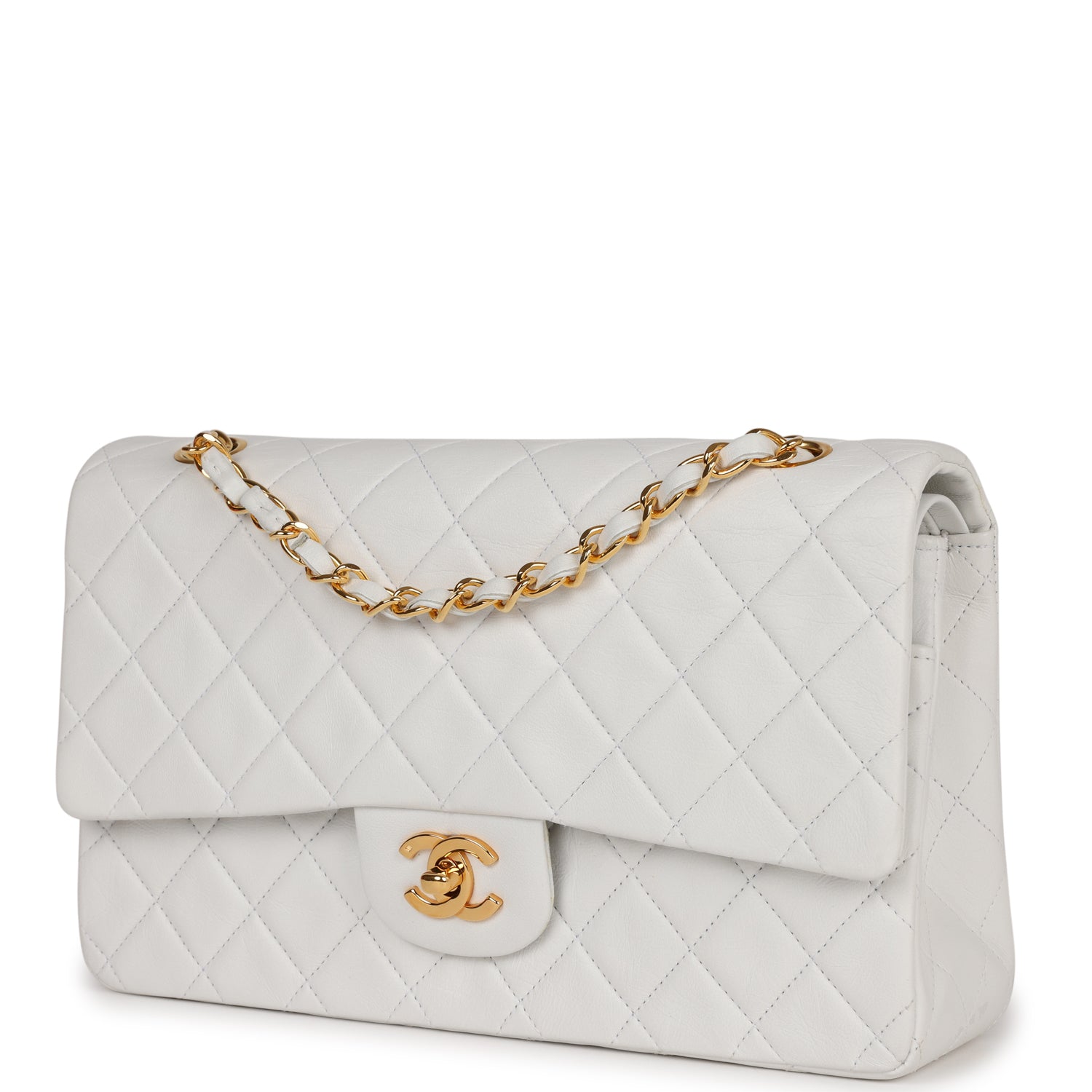 Chanel Vintage Medium Classic Double Flap Bag White Lambskin Gold Hardware