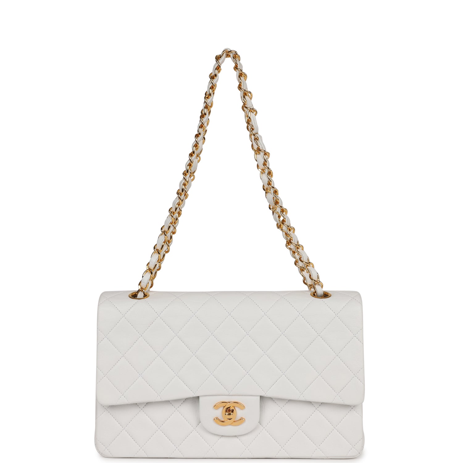 Chanel Vintage Medium Classic Double Flap Bag White Lambskin Gold Hardware