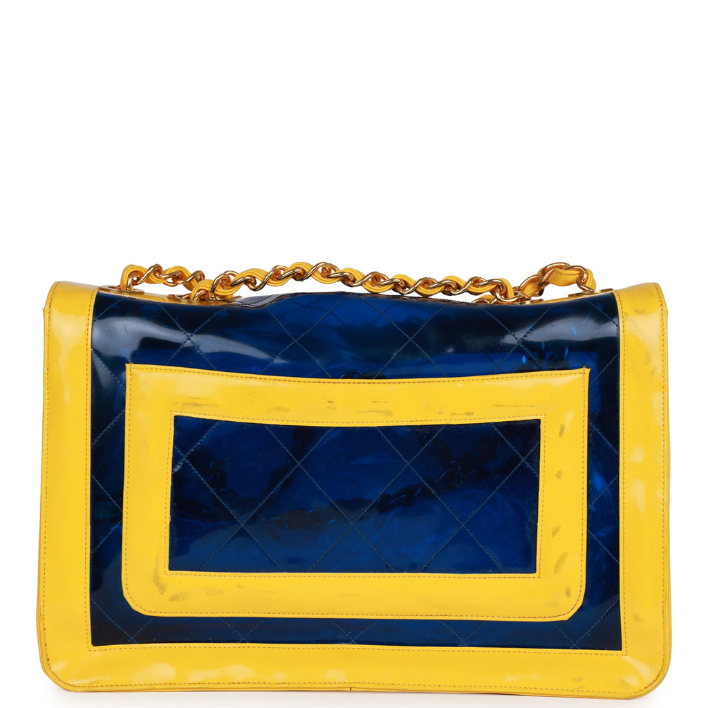 Chanel Vintage Maxi Flap Bag Yellow/Blue Quilted Patent Leather Gold Hardware
