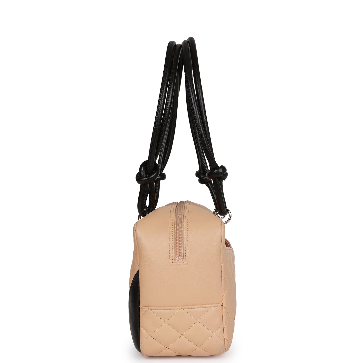 Chanel Vintage Cambon Bowler Bag Beige and Black Calfskin Silver Hardware