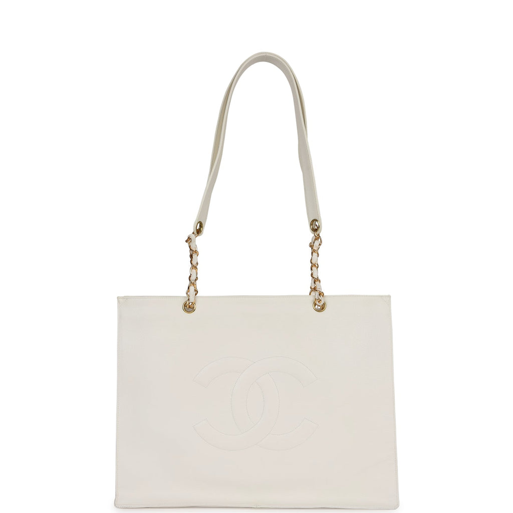 Chanel Vintage CC Chain Shopping Tote Bag White Caviar Gold Hardware