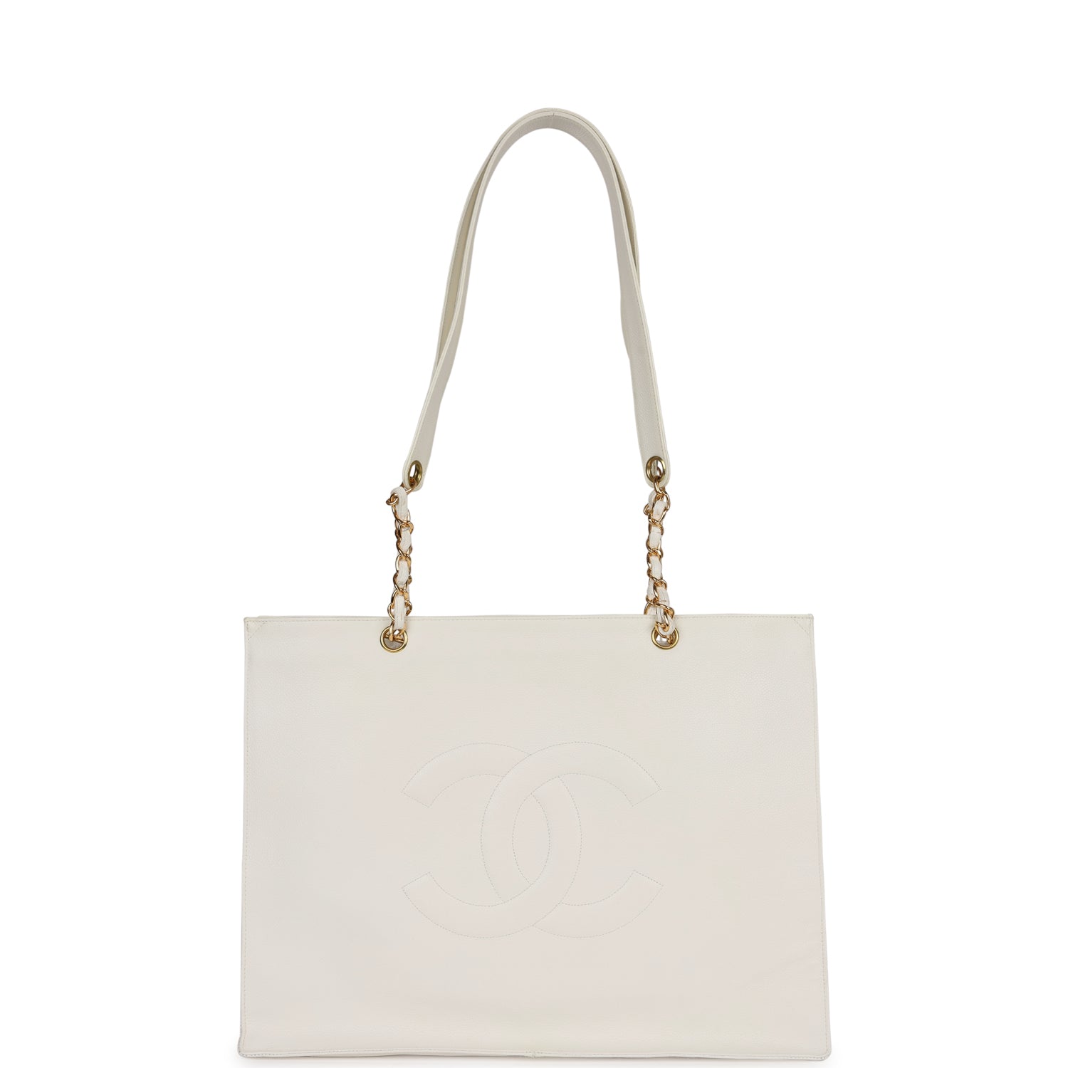 Chanel Vintage CC Chain Shopping Tote Bag White Caviar Gold Hardware