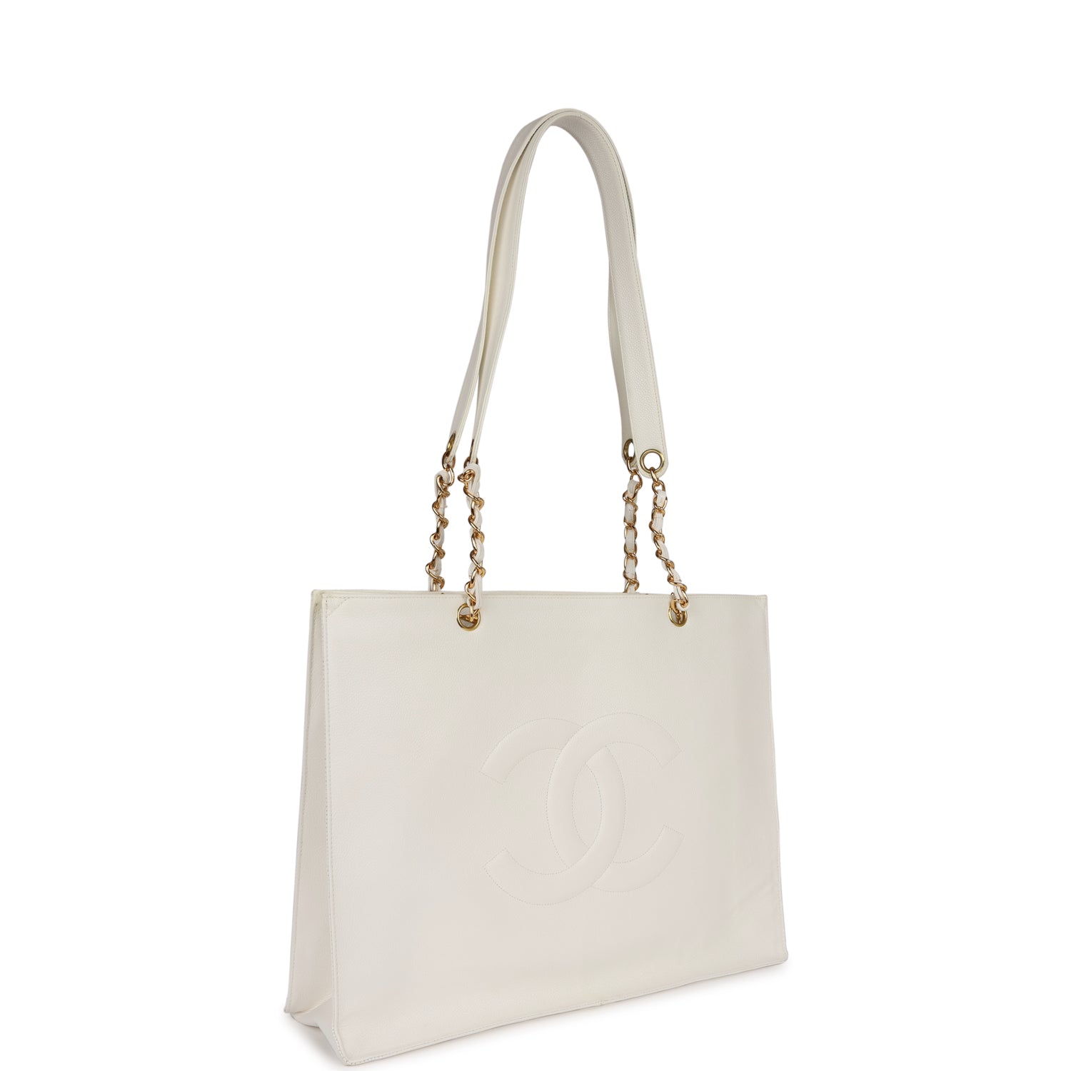 Chanel Vintage CC Chain Shopping Tote Bag White Caviar Gold Hardware