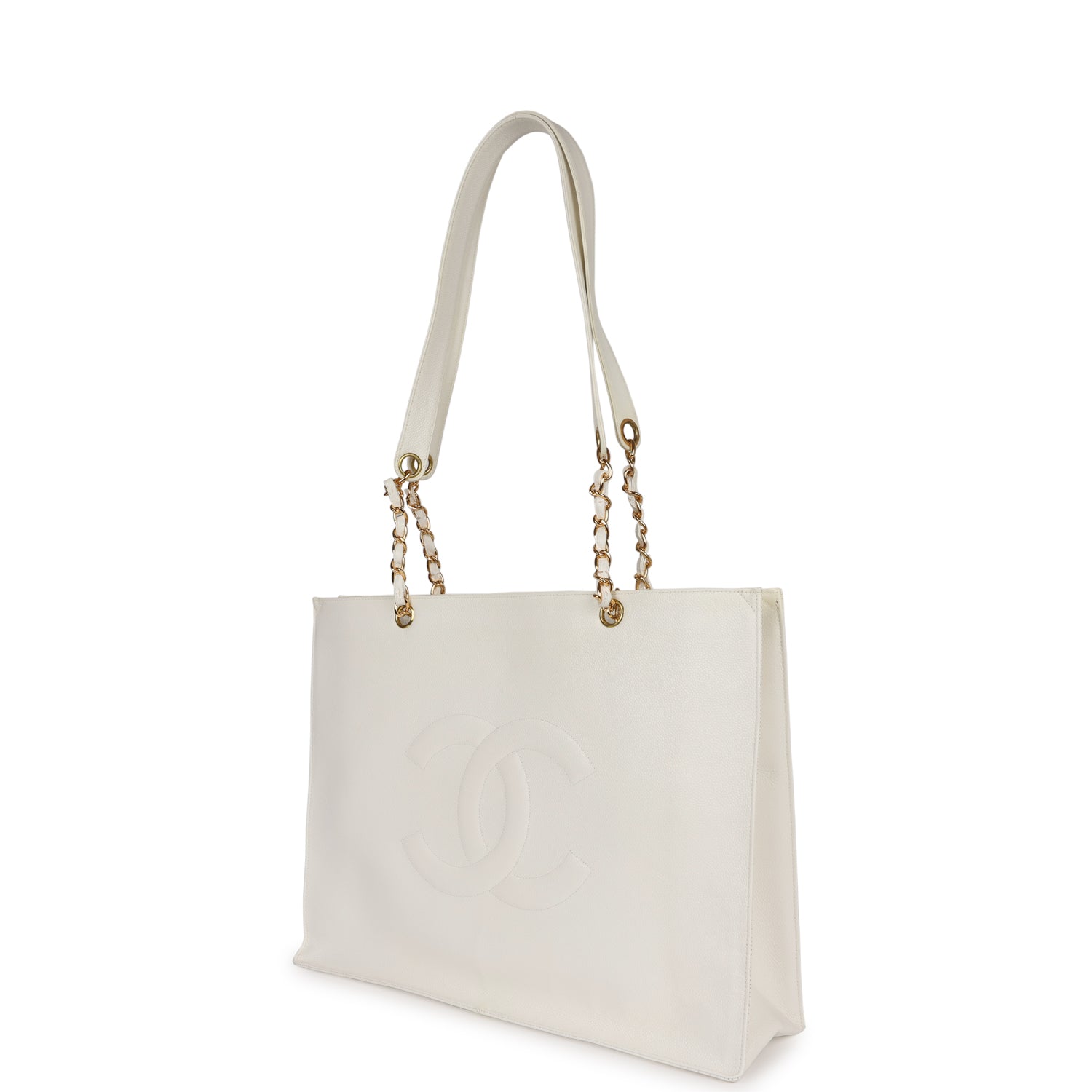 Chanel Vintage CC Chain Shopping Tote Bag White Caviar Gold Hardware