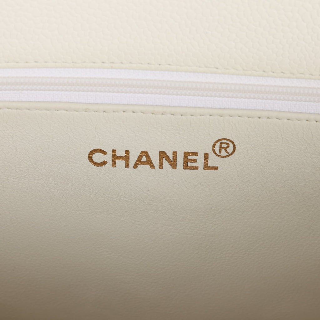 Chanel Vintage CC Chain Shopping Tote Bag White Caviar Gold Hardware