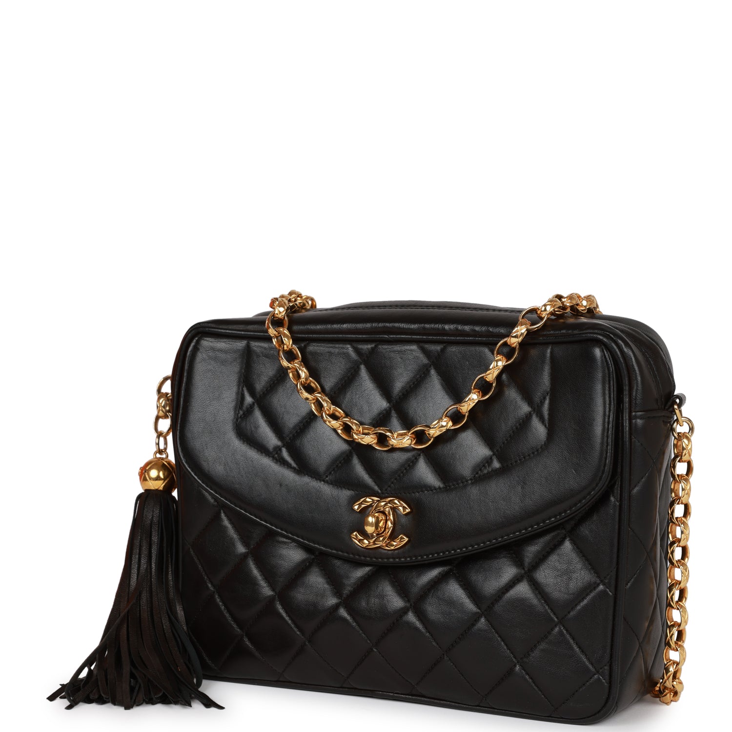Chanel Vintage Small Diana Fringe Camera Bag Black Lambskin Gold Hardware