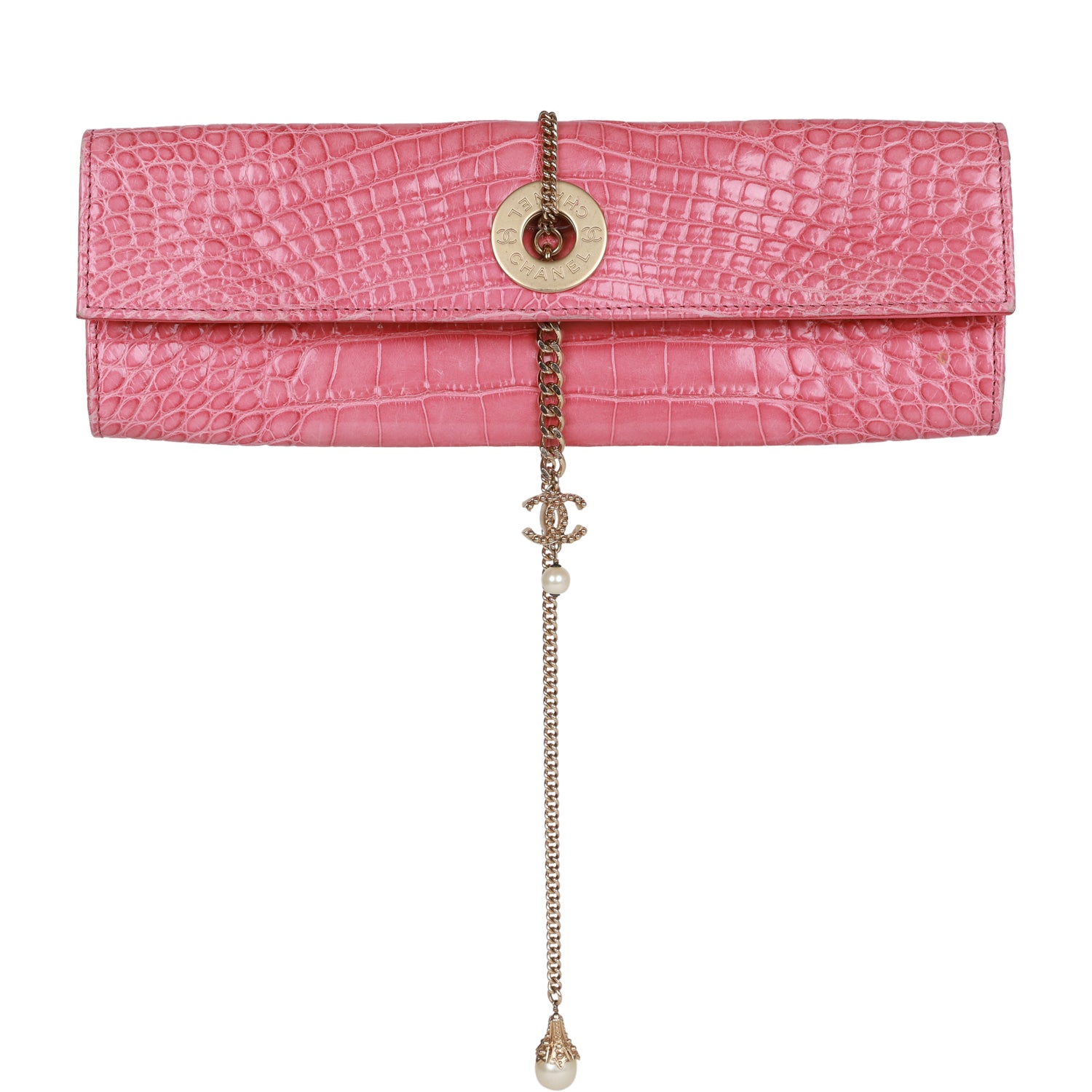 Chanel Vintage Chain Envelope Evening Clutch Bag Pink Crocodile Gold Hardware