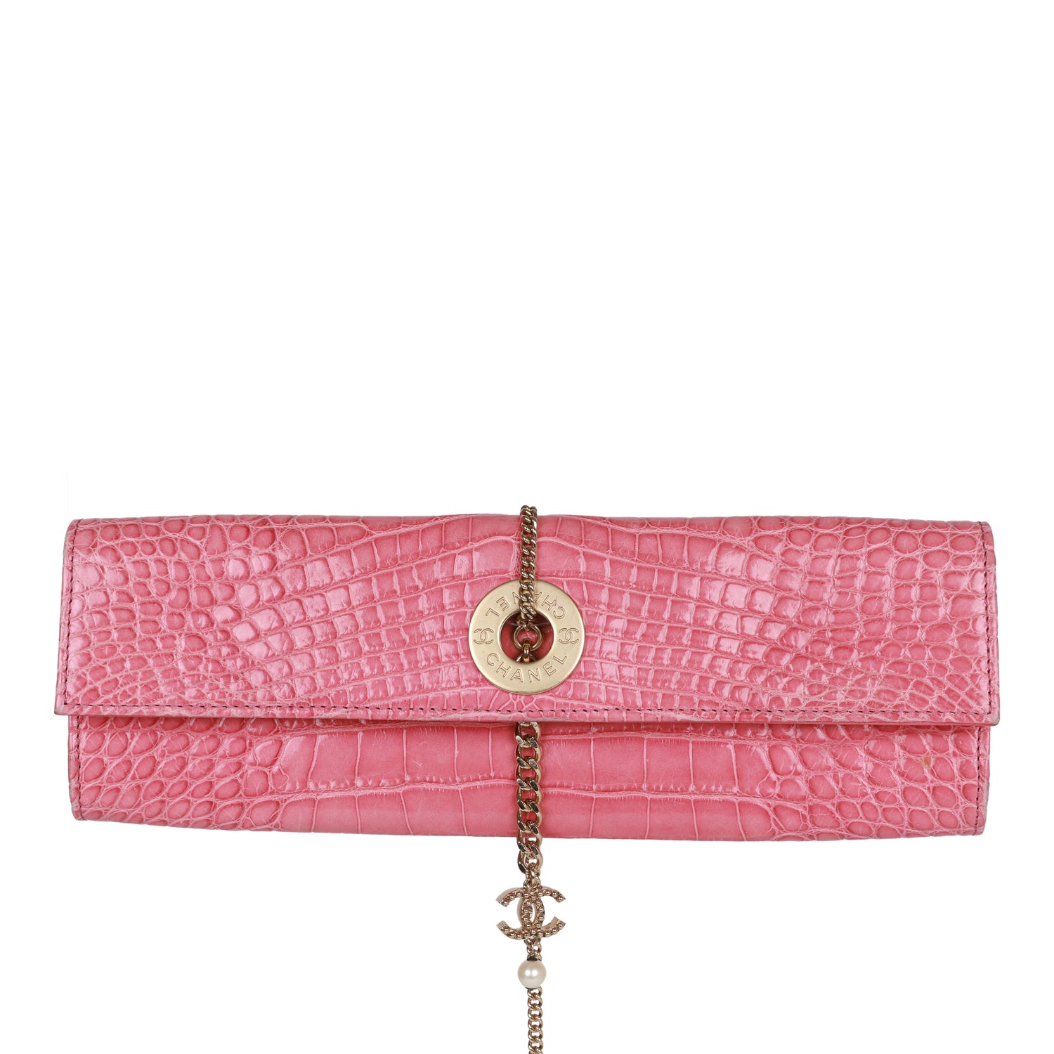 Chanel Vintage Chain Envelope Evening Clutch Bag Pink Crocodile Gold Hardware