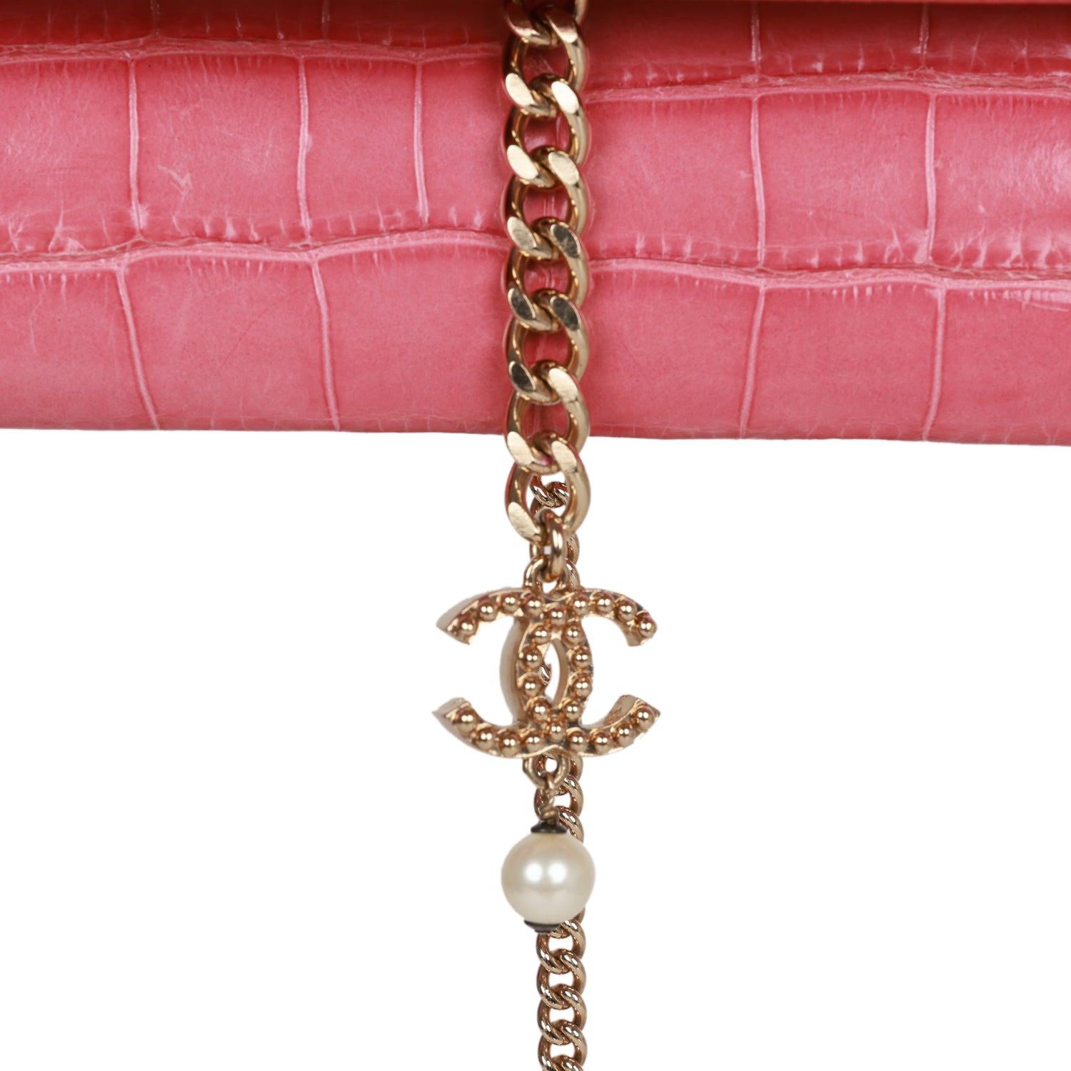 Chanel Vintage Chain Envelope Evening Clutch Bag Pink Crocodile Gold Hardware
