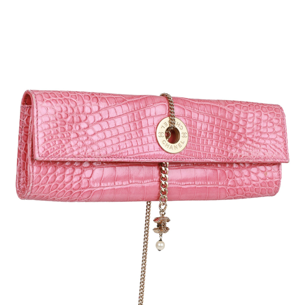 Chanel Vintage Chain Envelope Evening Clutch Bag Pink Crocodile Gold Hardware
