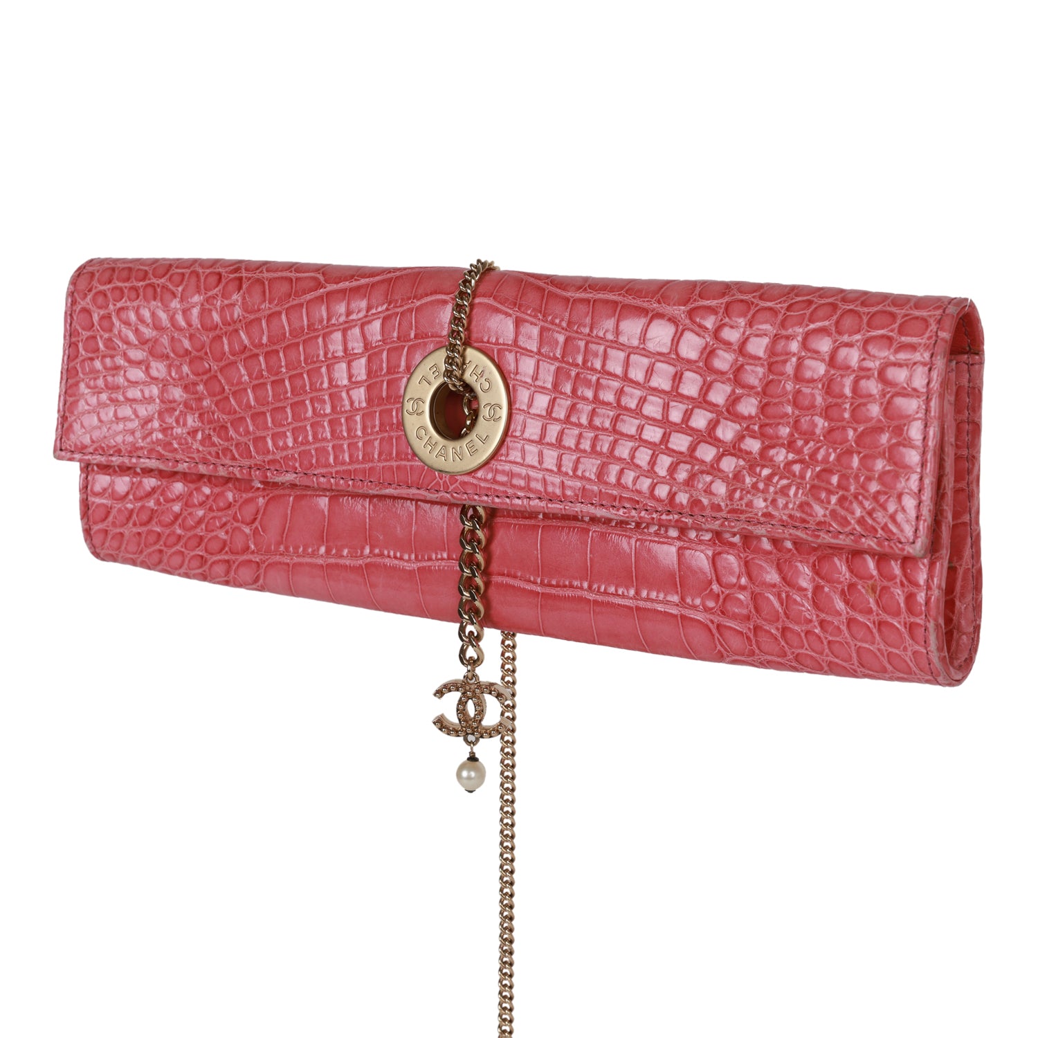 Chanel Vintage Chain Envelope Evening Clutch Bag Pink Crocodile Gold Hardware