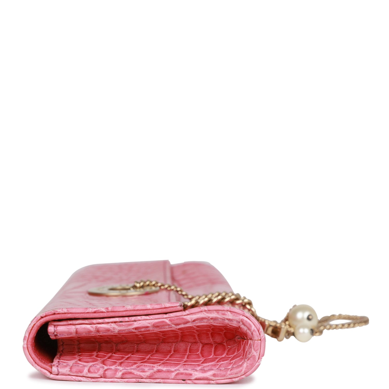 Chanel Vintage Chain Envelope Evening Clutch Bag Pink Crocodile Gold Hardware