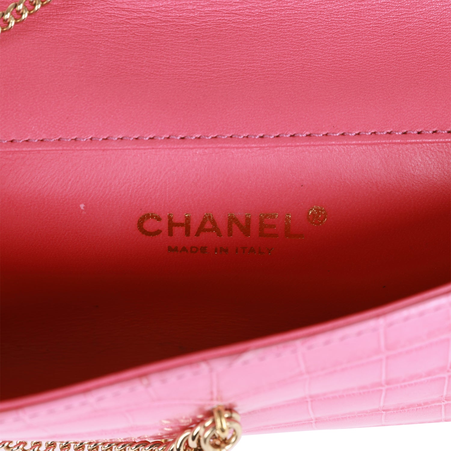 Chanel Vintage Chain Envelope Evening Clutch Bag Pink Crocodile Gold Hardware