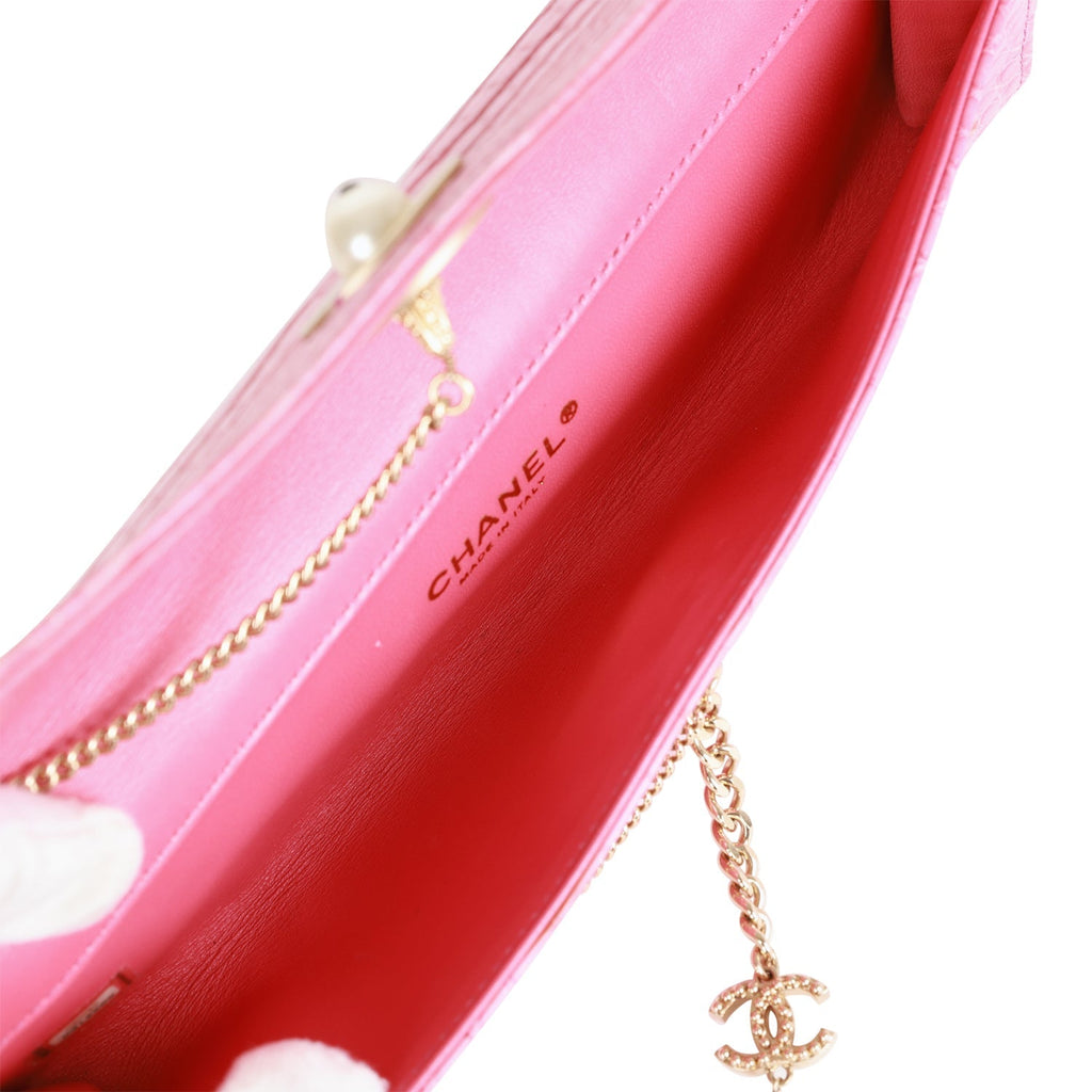 Chanel Vintage Chain Envelope Evening Clutch Bag Pink Crocodile Gold Hardware