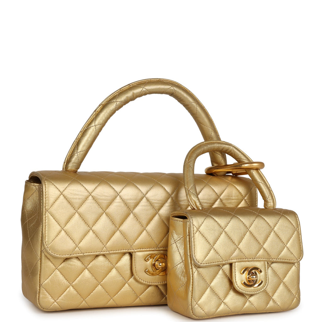 Chanel Vintage Kelly Parent and Child Flap Bag Set Gold Metallic Lambskin Gold Hardware