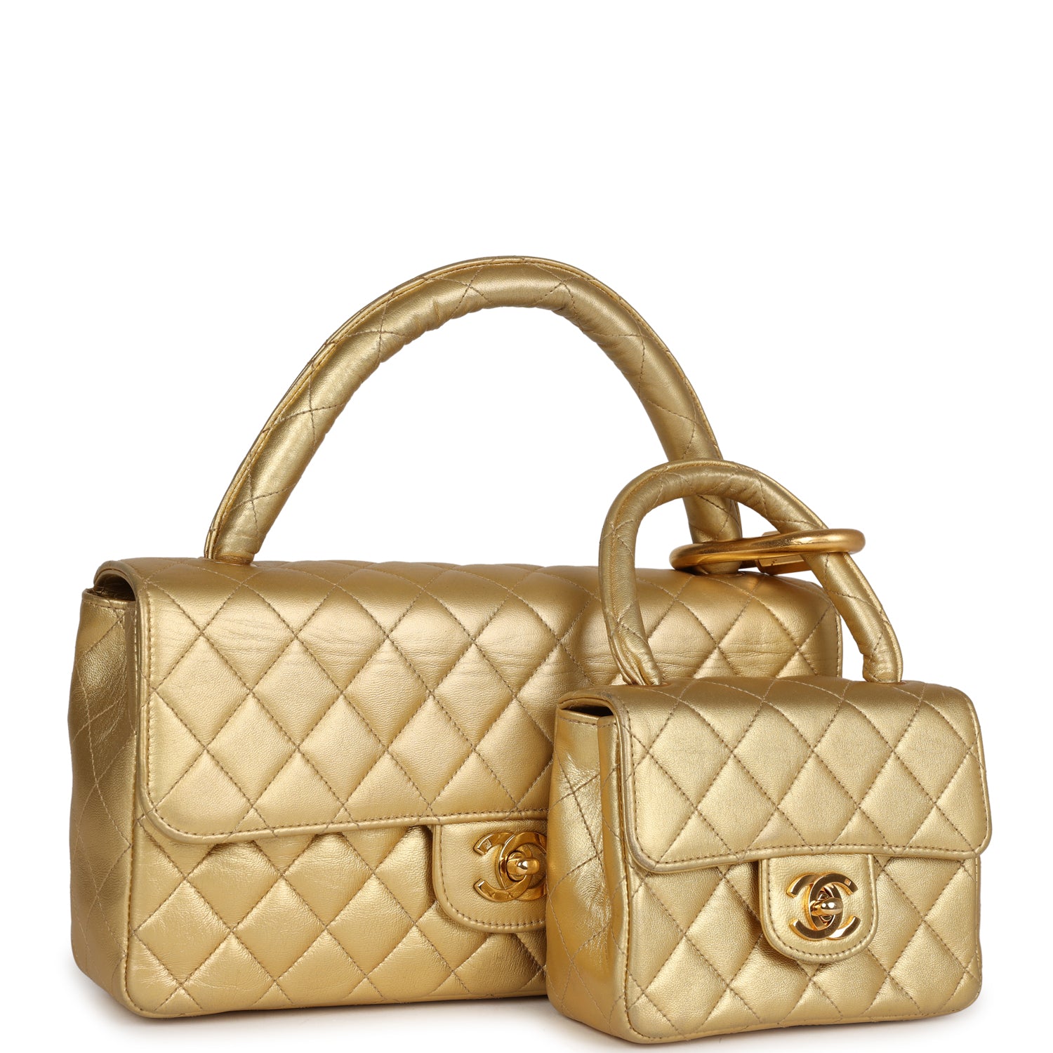 Chanel Vintage Kelly Parent and Child Flap Bag Set Gold Metallic Lambskin Gold Hardware
