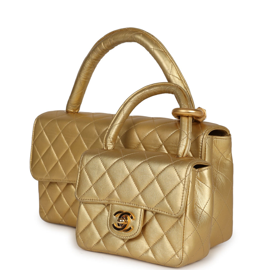 Chanel Vintage Kelly Parent and Child Flap Bag Set Gold Metallic Lambskin Gold Hardware