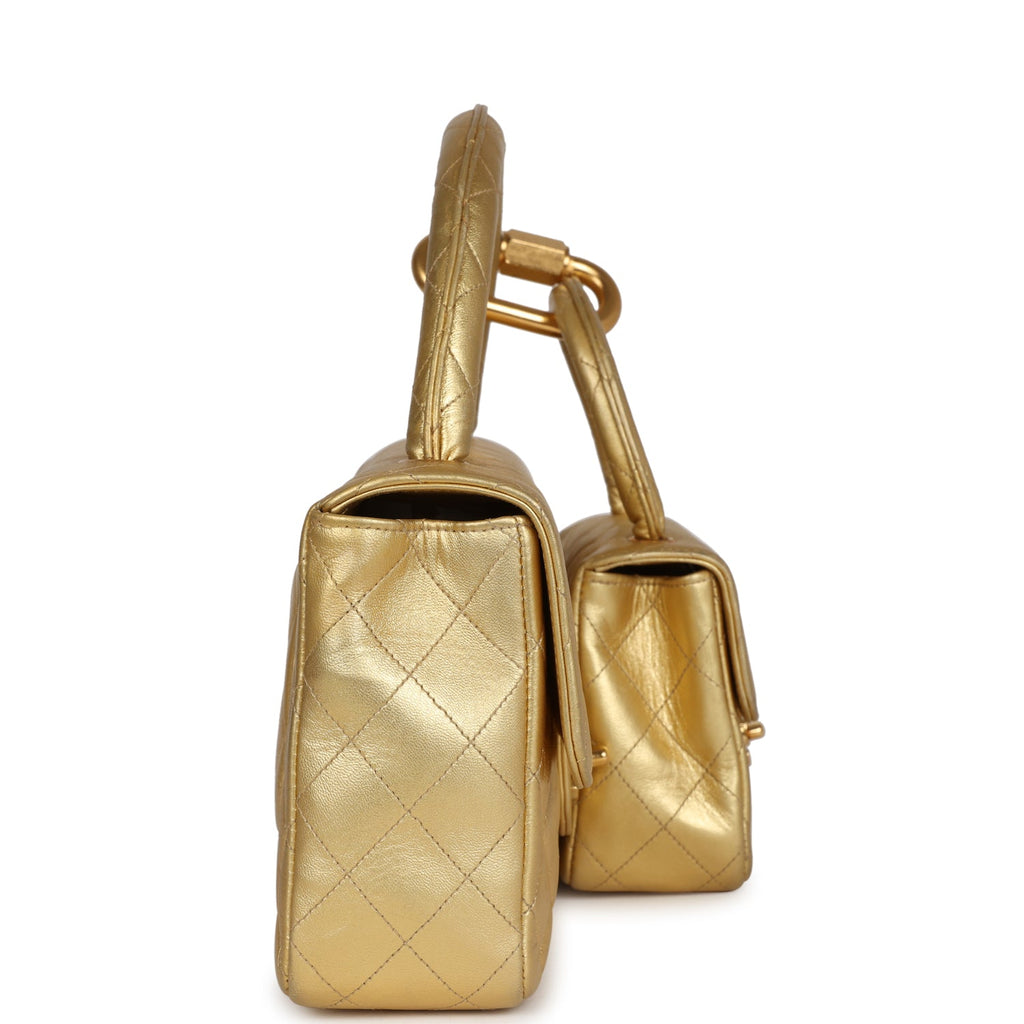 Chanel Vintage Kelly Parent and Child Flap Bag Set Gold Metallic Lambskin Gold Hardware