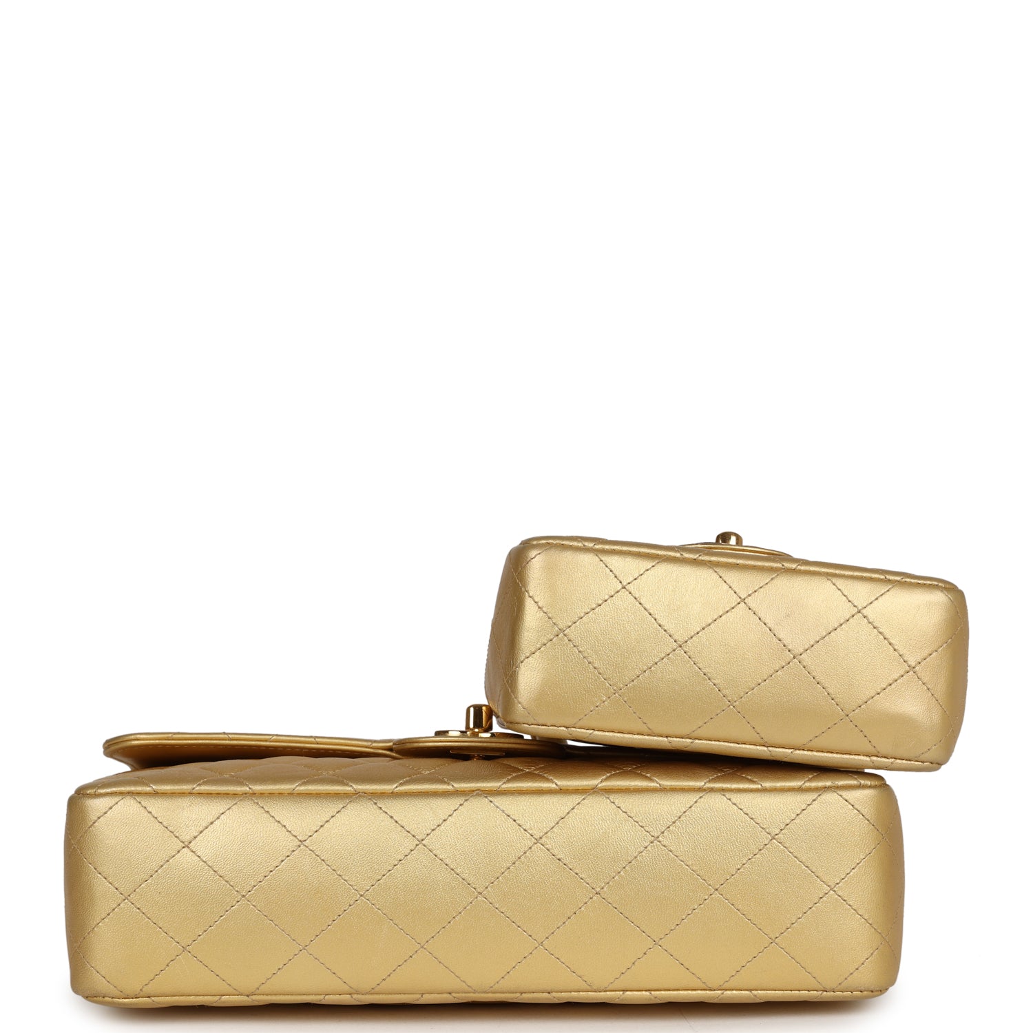 Chanel Vintage Kelly Parent and Child Flap Bag Set Gold Metallic Lambskin Gold Hardware