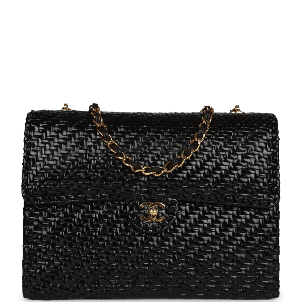 Chanel Vintage Flap Bag Black Wicker Gold Hardware