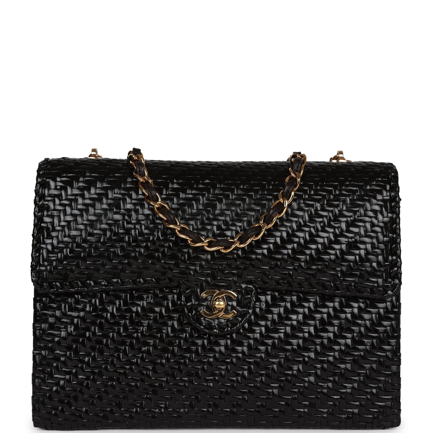 Chanel Vintage Flap Bag Black Wicker Gold Hardware