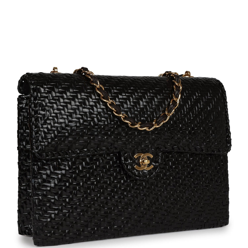 Chanel Vintage Flap Bag Black Wicker Gold Hardware