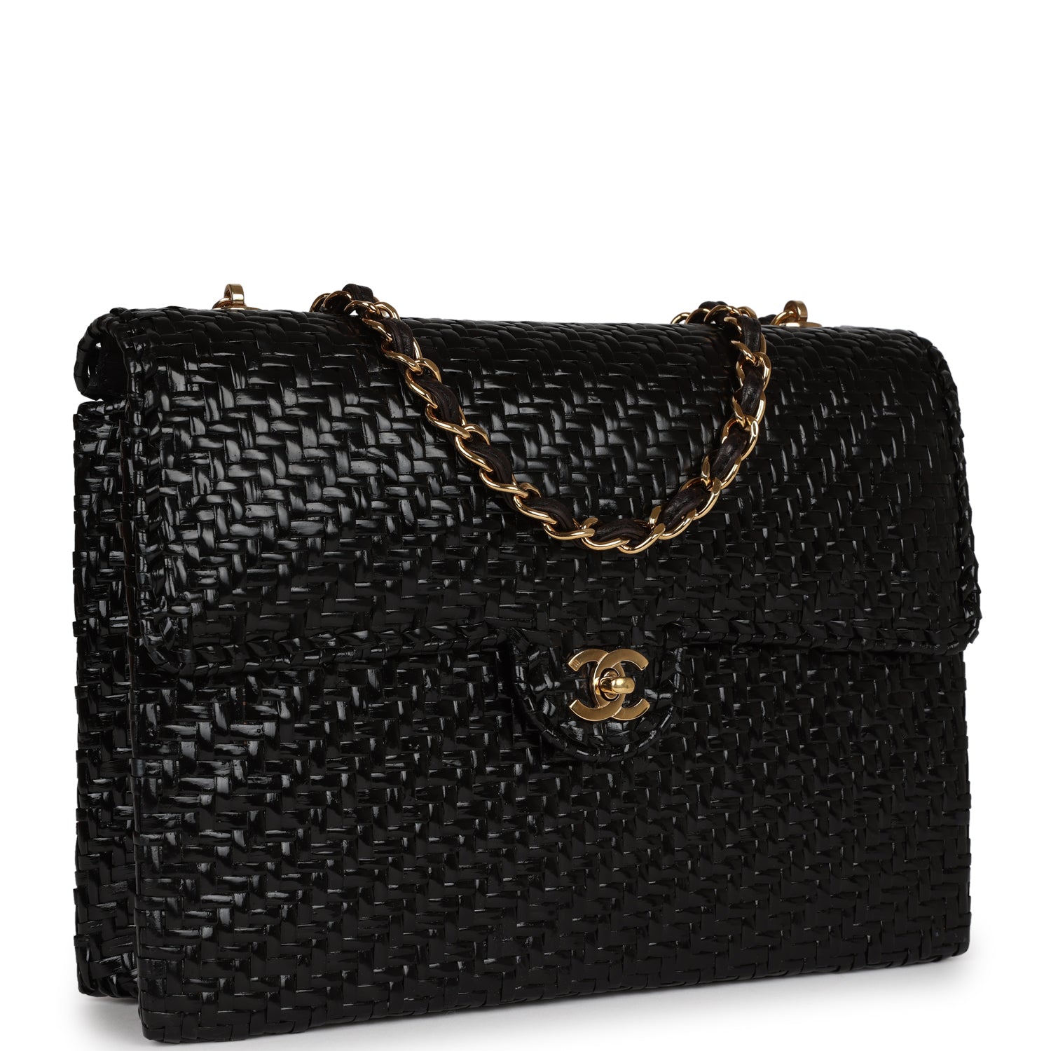 Chanel Vintage Flap Bag Black Wicker Gold Hardware